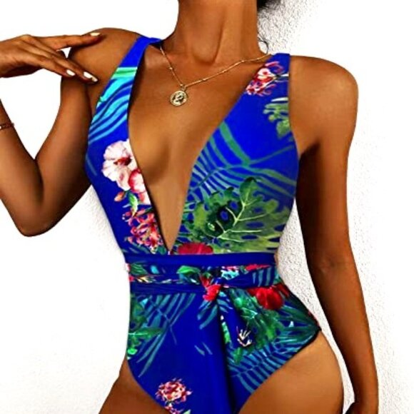 BLUE TROPICAL PLUNGE V-NECK CRISSCROSS HALTER ONE PIECE SWIMSUIT SIZE MEDIUM NWT - Picture 4 of 13